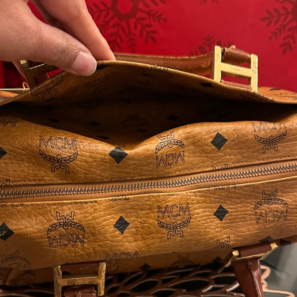 MCM Tan Monogram Satchel with Gold Accents - Picture 9 of 14